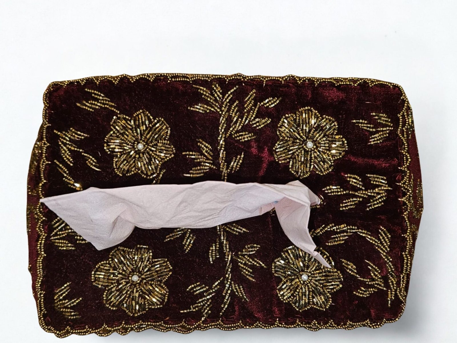 Premium Handcrafted Maroon Gold Bloom – Beaded Tissue Box Cover | Luxury Home Décor