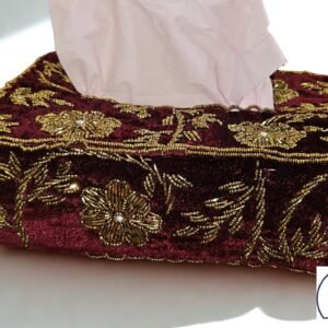 Premium Handcrafted Maroon Gold Bloom – Beaded Tissue Box Cover | Luxury Home Décor