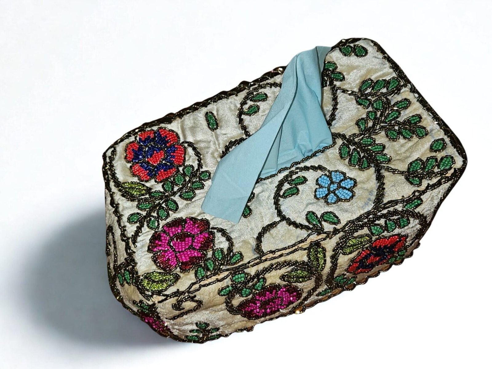 Premium Handcrafted Ivory Floral Garden – Beaded Tissue Box Cover