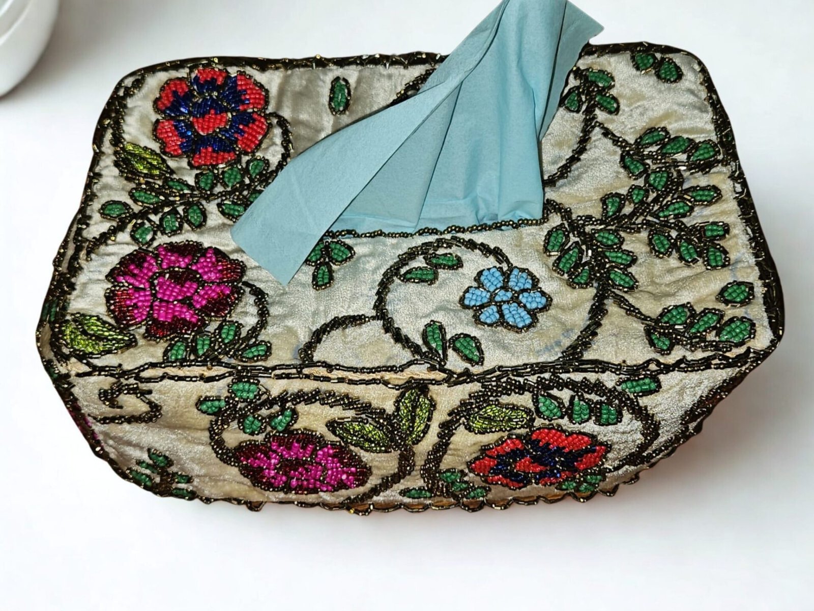 Premium Handcrafted Ivory Floral Garden – Beaded Tissue Box Cover