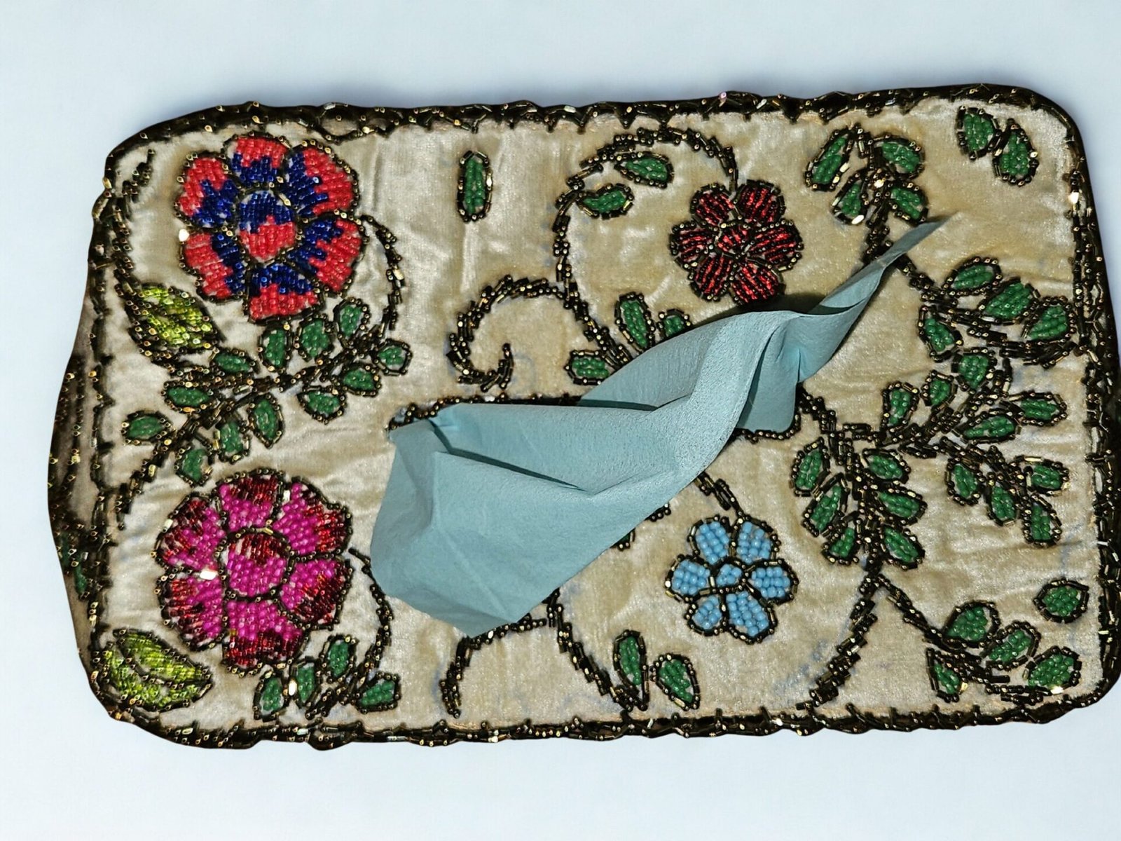 Premium Handcrafted Ivory Floral Garden – Beaded Tissue Box Cover